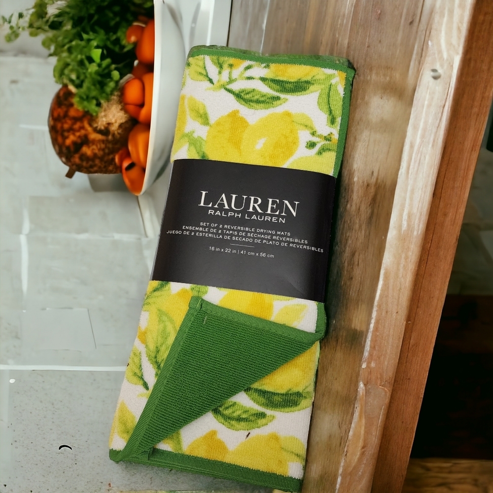 Lauren Ralph Lemon Set of 2 Reversible Dish drying mats Lemons - Picture 2 of 3